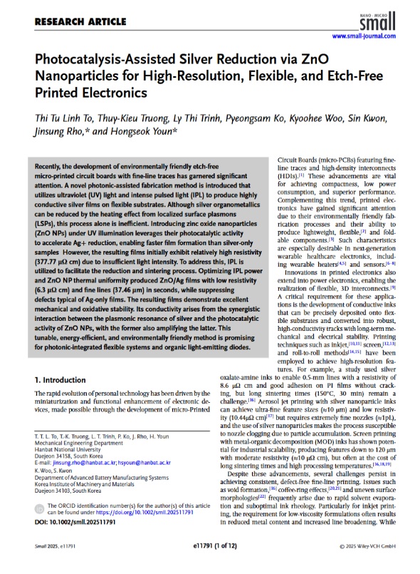 (Small) Photocatalysis‐Assisted Silver Reduction via ZnO Nanoparticles for High‐Resolution, Flexible, and Etch‐Free Printed Electronics 이미지