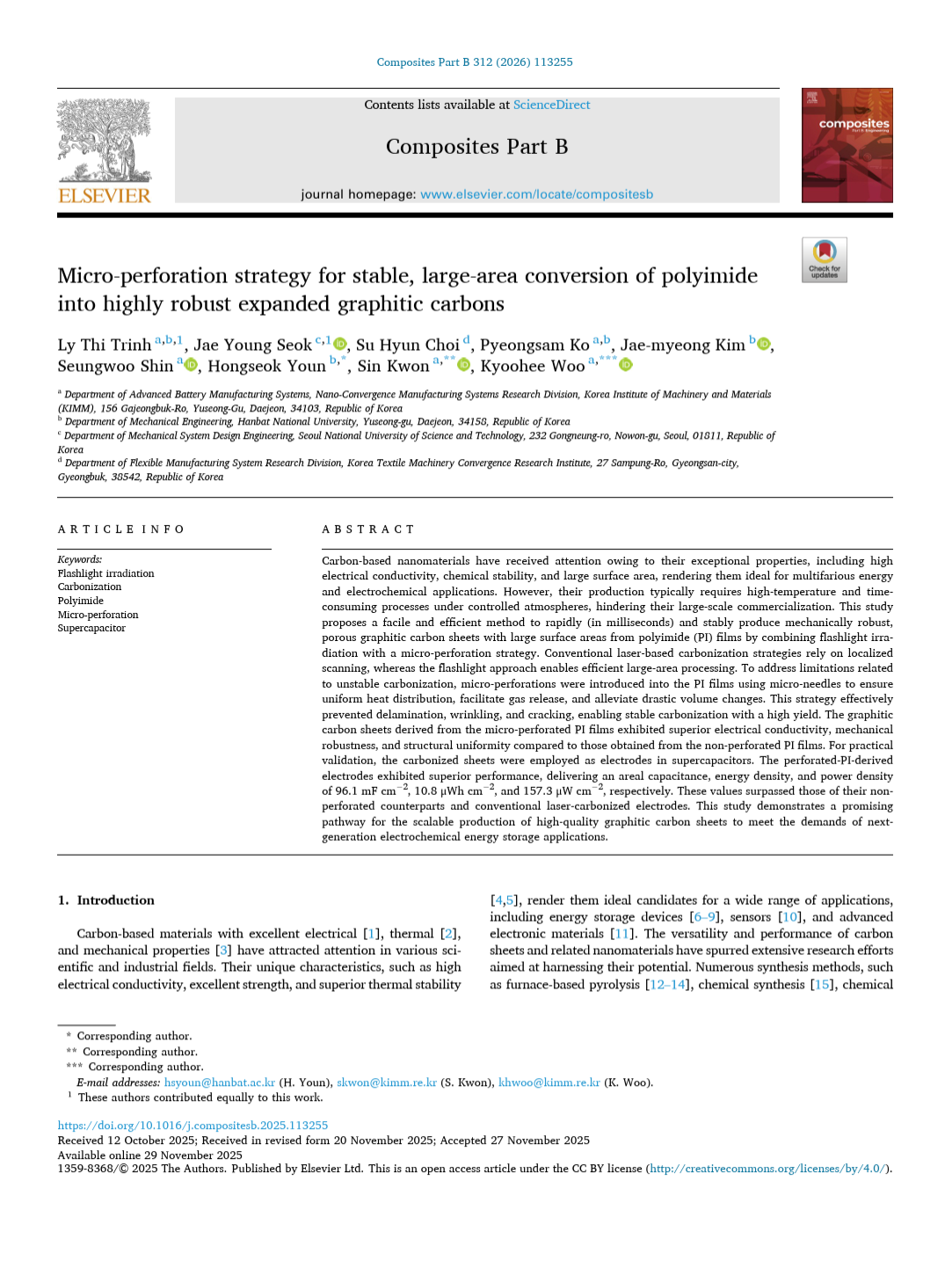 (Composites Part B: Engineering) Micro-Perforation Strategy for Stable, Large-Area Conversion of Polyimide into Highly Robust Expanded Graphitic Carbons 이미지
