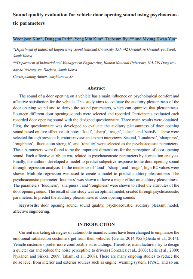 Sound quality evaluation for vehicle door opening sound using psychoacoustic parameter 이미지